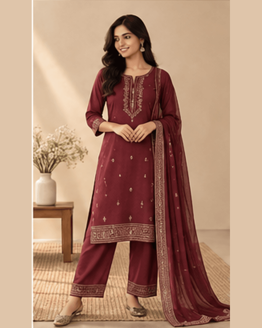 Kiara Wine Festive Kurta Set front view