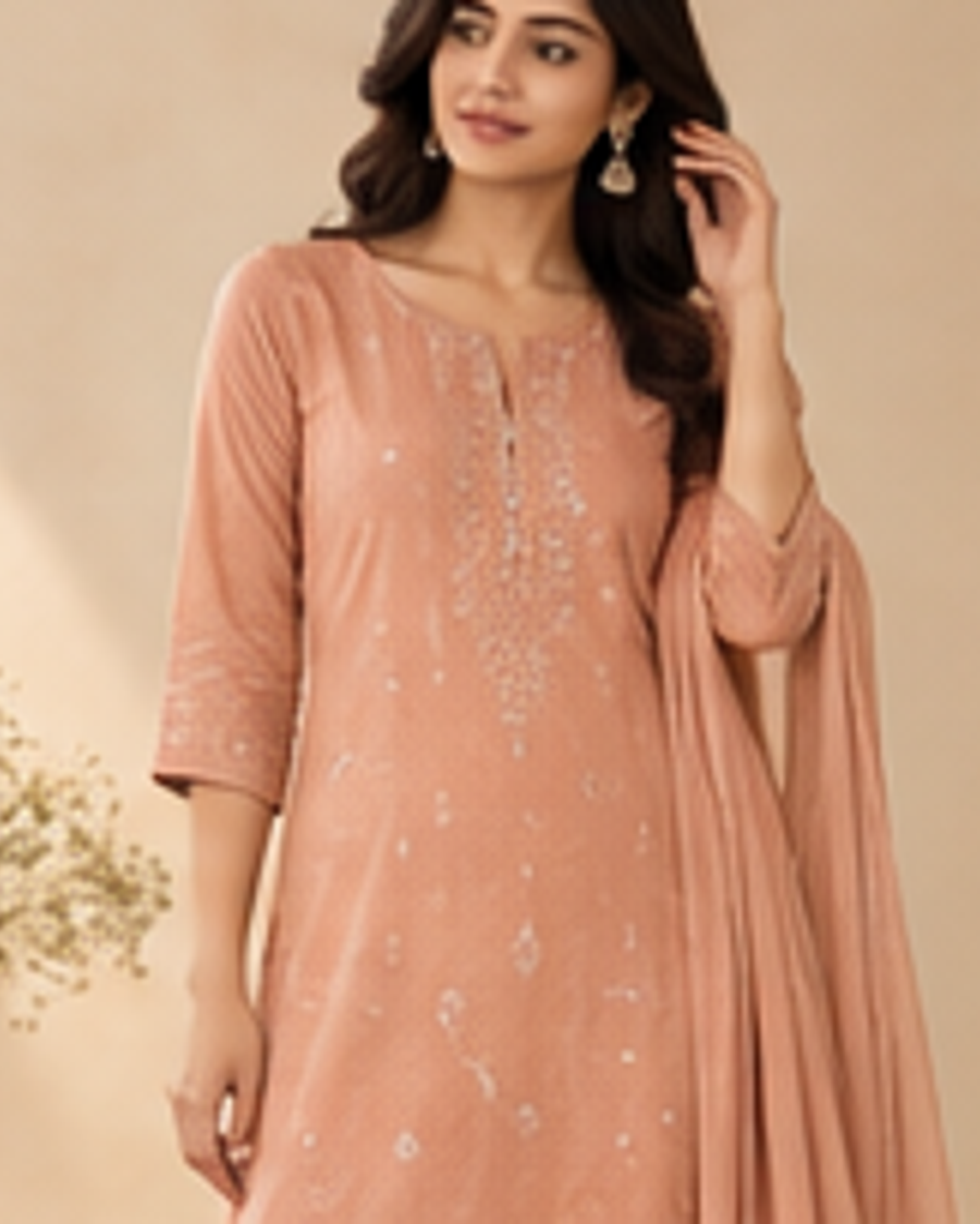 Myra Peach Comfort Kurta Set fabric and detail view