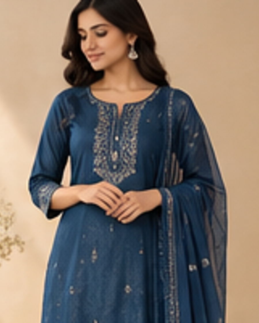 Mahira Indigo Kurta Set fabric and detail view